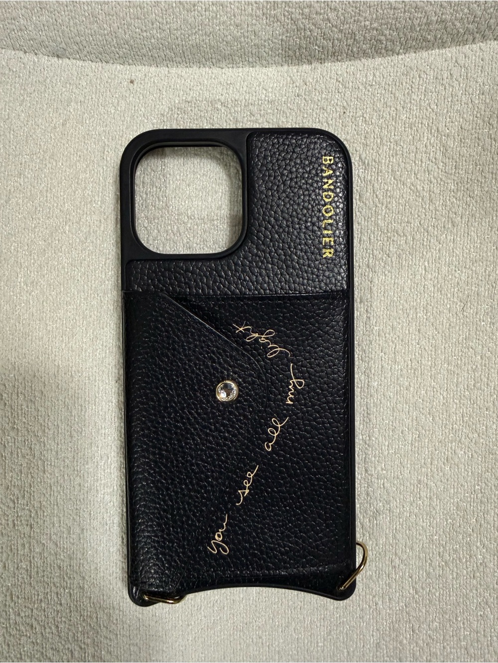 iPhone 13 Pro Max Bandolier Black Leather Phone Case with Gold Script & Accent